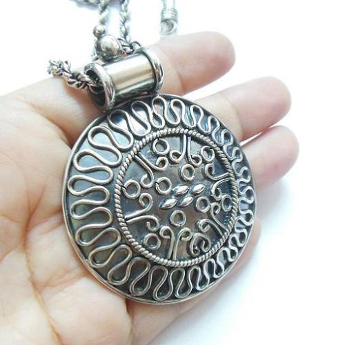 Round bold medallion pendant necklace, Sterling silver ethnic pendant