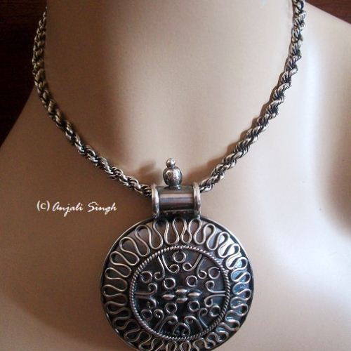 Round bold medallion pendant necklace, Sterling silver ethnic pendant
