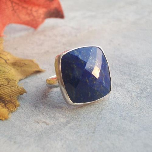 Royal blue ring, Denim blue lapis silver ring, Faceted stone ring