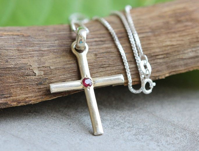 Ruby cross, July birthstone jewelry, Sterling silver gemstone cross