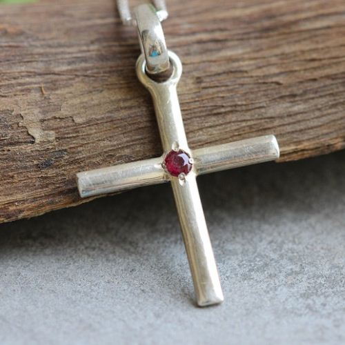 Ruby cross, July birthstone jewelry, Sterling silver gemstone cross