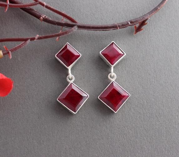 Ruby earrings, Precious earrings, Silver red earrings