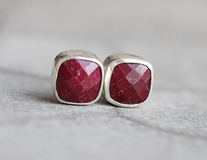 Ruby earrings, Ruby stud earrings, Cushion silver earrings