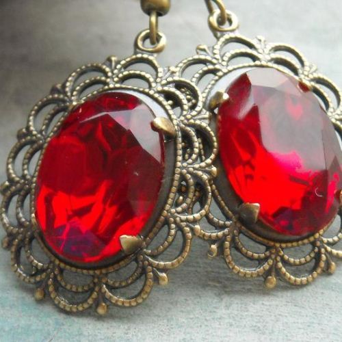 Ruby red victorian filigree earrings
