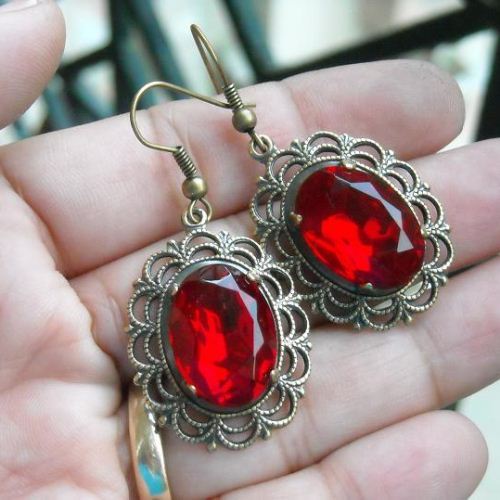 Twilight Ruby red vintage brass victorian filigree earrings