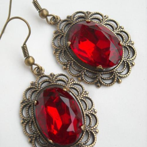 Twilight Ruby red vintage brass victorian filigree earrings
