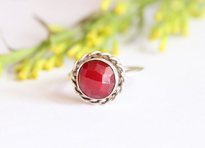 Ruby ring - Round red - July Birthstone - Sterling silver gifts