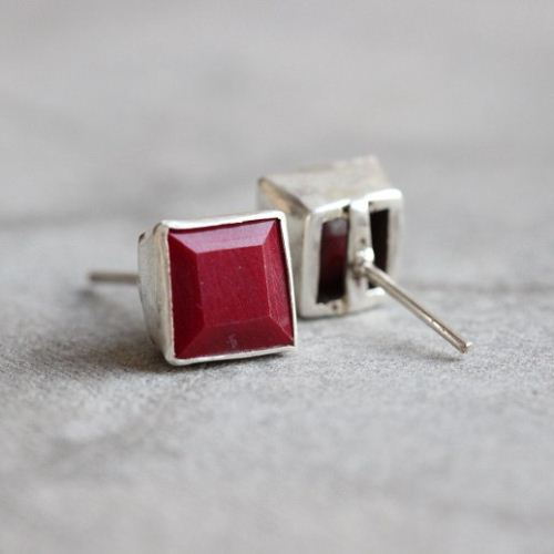 Ruby stud earrings, Ruby square silver red studs