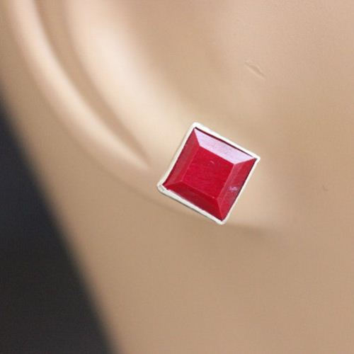 Ruby stud earrings, Ruby square silver red studs