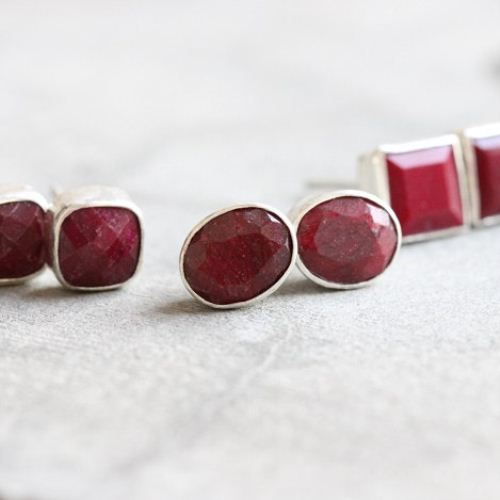Ruby stud earrings, Ruby square silver red studs
