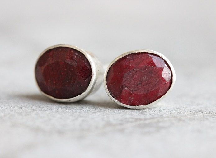Ruby stud earrings, Red ruby earrings, Oval silver studs
