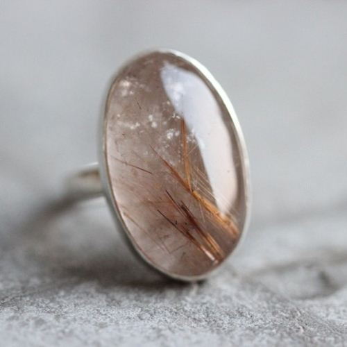 Rutil Quartz ring, Oval ring, Sterling silver artisan ring