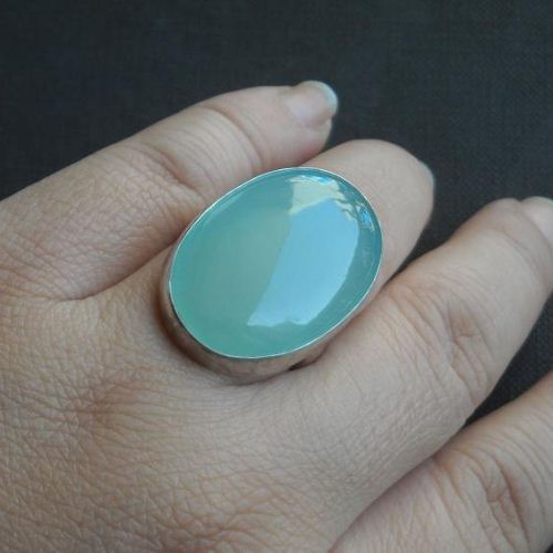Sea foam Green Chalcedony ring, Large oval silver ring