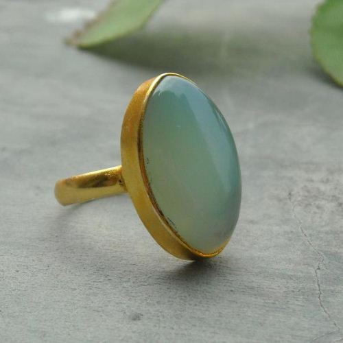 Sea foam blue chalcedony ring - vermeil gold ring - leaf design ring