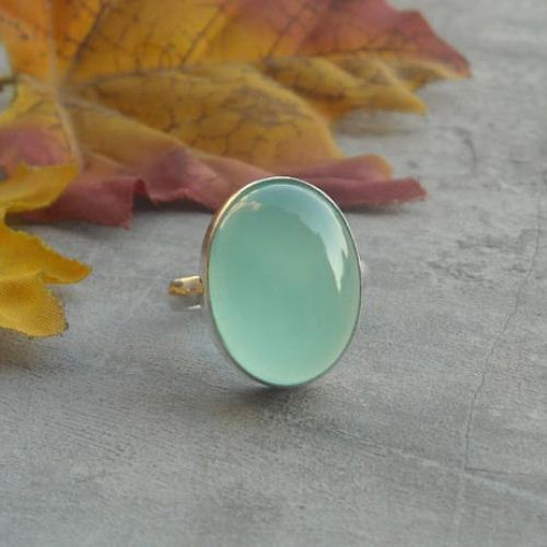 Sea foam green chalcedony ring, Artisan oval ring in sterling silver