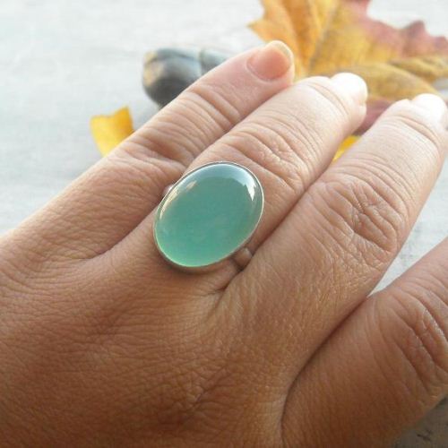 Sea foam green chalcedony ring, Artisan oval ring in sterling silver