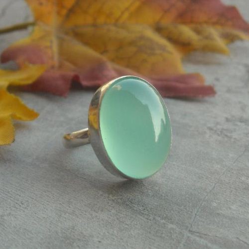 Sea foam green chalcedony ring, Artisan oval ring in sterling silver