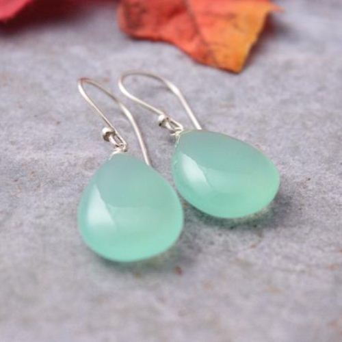 Sea foam green earrings, Chalcedony tear drop silver earrings