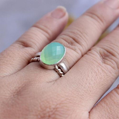 Sea foam green ring, Chalcedony silver ring, Handmade stack rings
