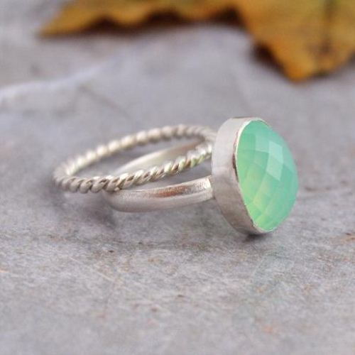 Sea foam green ring, Chalcedony silver ring, Handmade stack rings