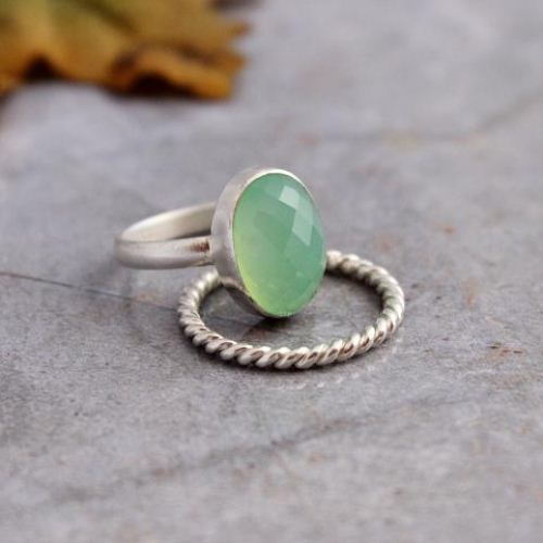 Sea foam green ring, Chalcedony silver ring, Handmade stack rings