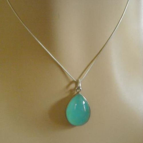 Sea green chalcedony gemstone pendant, Tear drop silver pendant chain