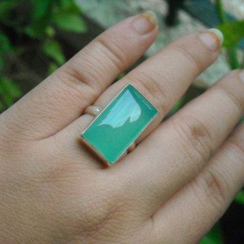 Seafoam green chalcedony ring, Rectangular green cabochon silver ring