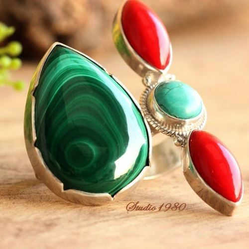 Sterling silver malachite ring, Handmade malachite ring Statement ring