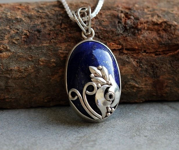 Silver artisan pendant necklace, Unique lapis lazuli pendant