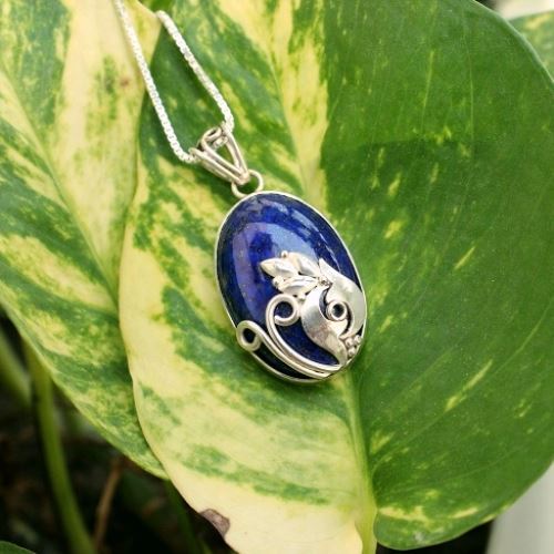 Silver artisan pendant necklace, Unique lapis lazuli pendant