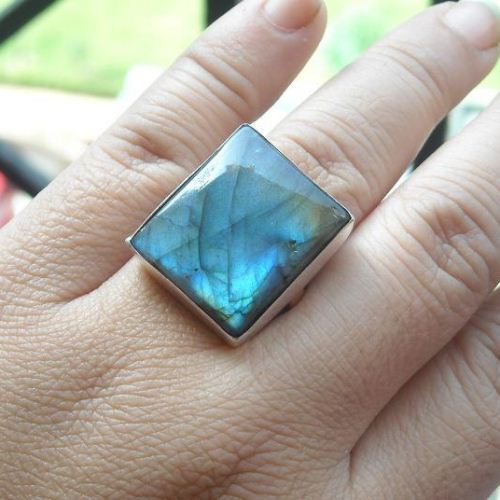 Silver labradorite ring square stone
