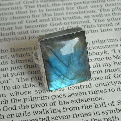 Silver labradorite ring, Square stone rings, Natural blue gemstone ring