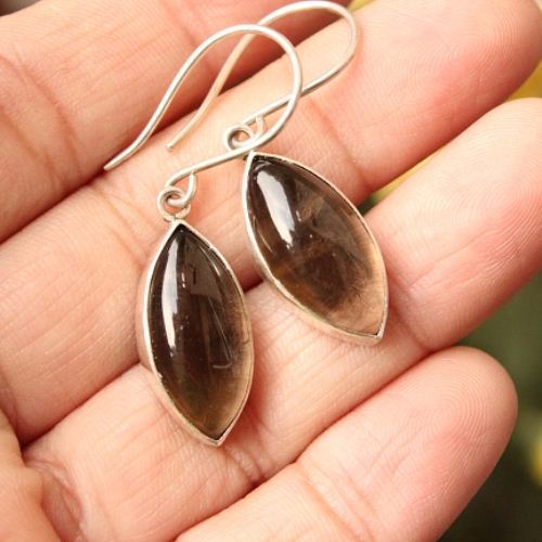 Smoky quartz earrings, Drop earrings, Brown stone silver earrings