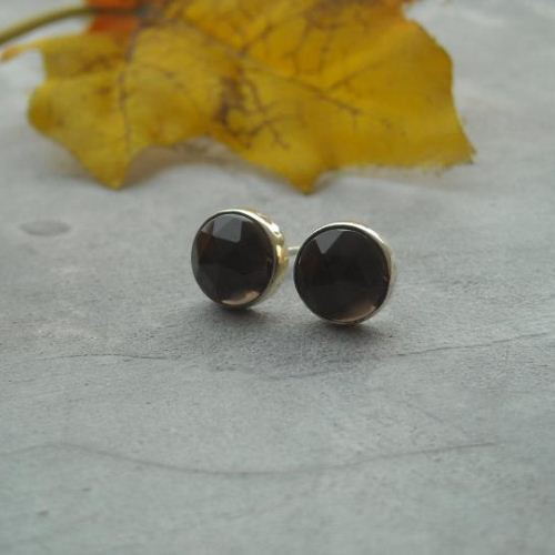 Smoky quartz stud earrings, 8mm silver studs, Brown studs