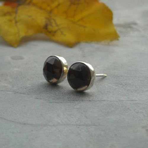 Smoky quartz stud earrings, 8mm silver studs, Brown studs