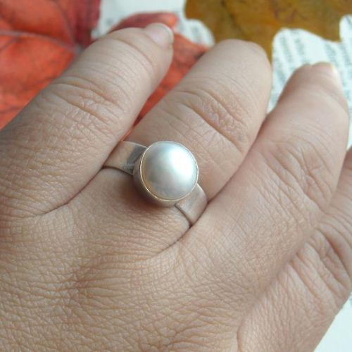 Solitaire pearl ring, Freshwater pearl thick band silver ring