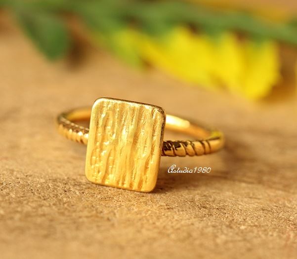 Square 18 k gold hammered handmade ring for her gold stack ring