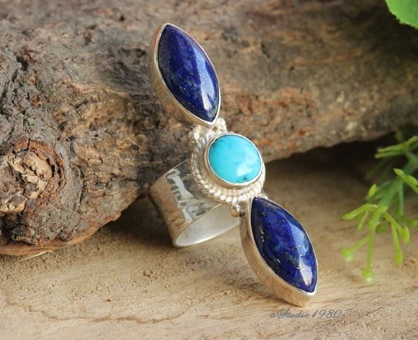 Statement jewelry, Artisan silver ring, Lapis and turquoise