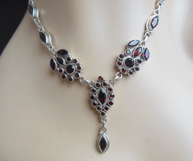 Statement Garnet Necklace, Artisan necklace, Ethnic silver necklace