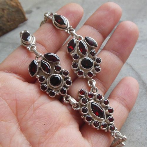 Statement Garnet Necklace, Artisan necklace, Ethnic silver necklace