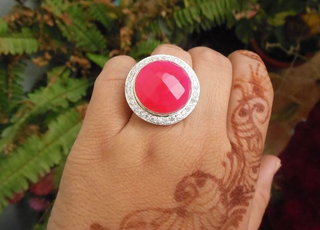 Statement Pink ring - Zircon silver ring - Gemstone ring - Bezel set