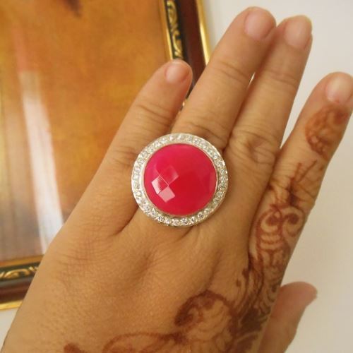 Statement Pink ring - Zircon silver ring - Gemstone ring - Bezel set