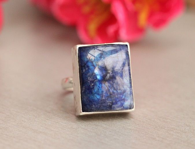 Statement Rainbow Moonstone Ring Blue