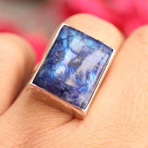 Statement Rainbow Moonstone Ring, Blue stone silver ring 
