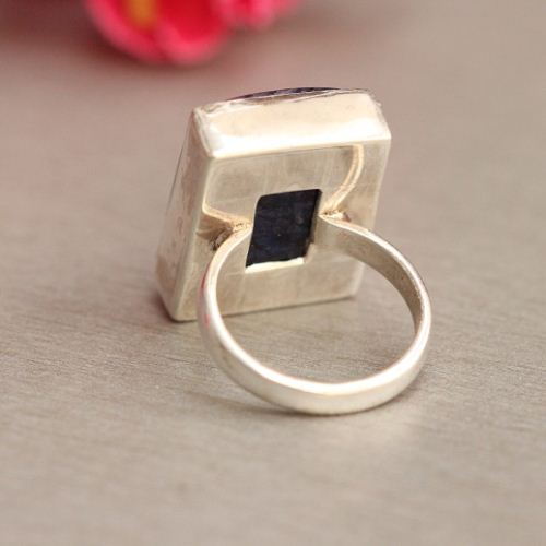 Statement Rainbow Moonstone Ring, Blue stone silver ring 