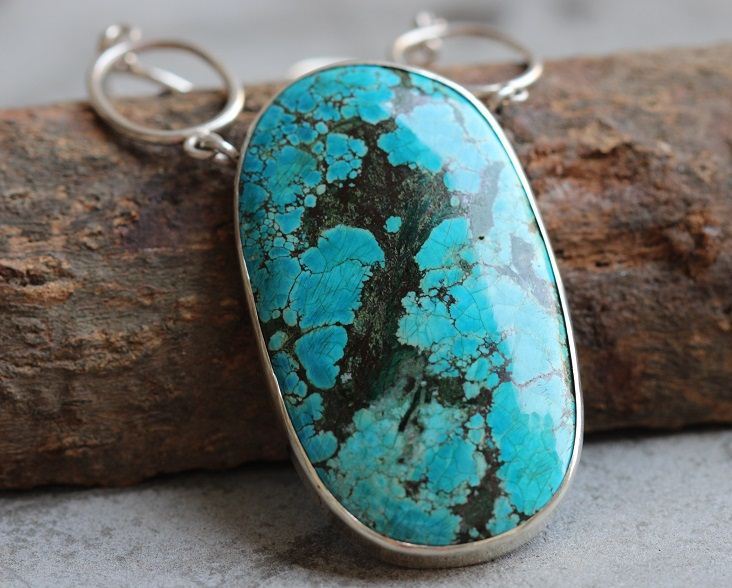 Statement Turquoise pendant necklace, Artisan silver handmade pendant
