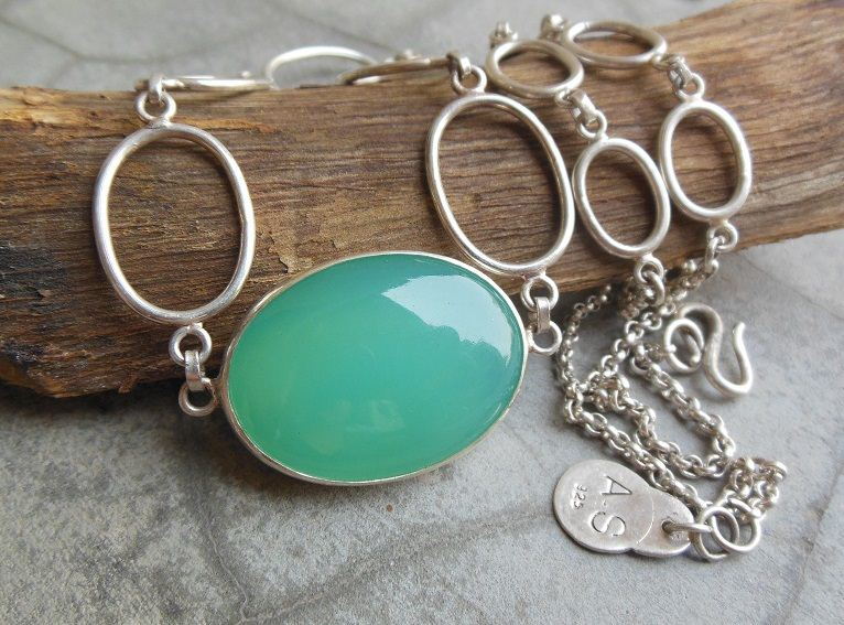 Statement necklace, Aqua chalcedony silver necklace, Mint green necklace