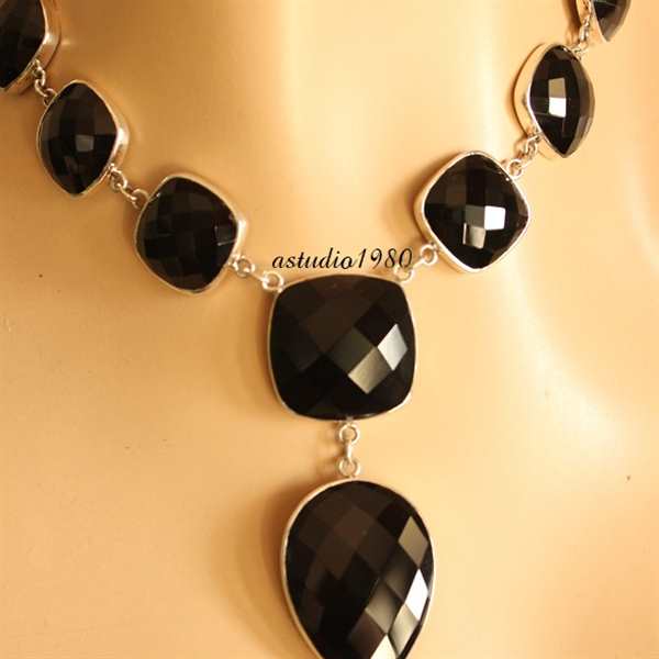 Statement necklace - Black onyx necklace - Sterling silver 