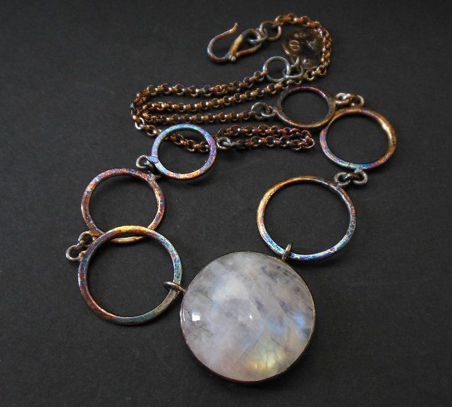 Statement necklace, Rainbow Moonstone pendant necklace in silver
