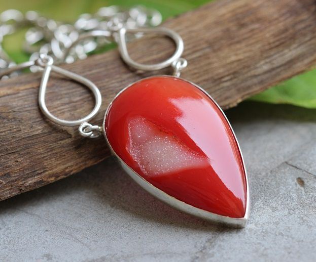 Statement necklace, Red druzy silver pendant necklace, OOAK necklace 